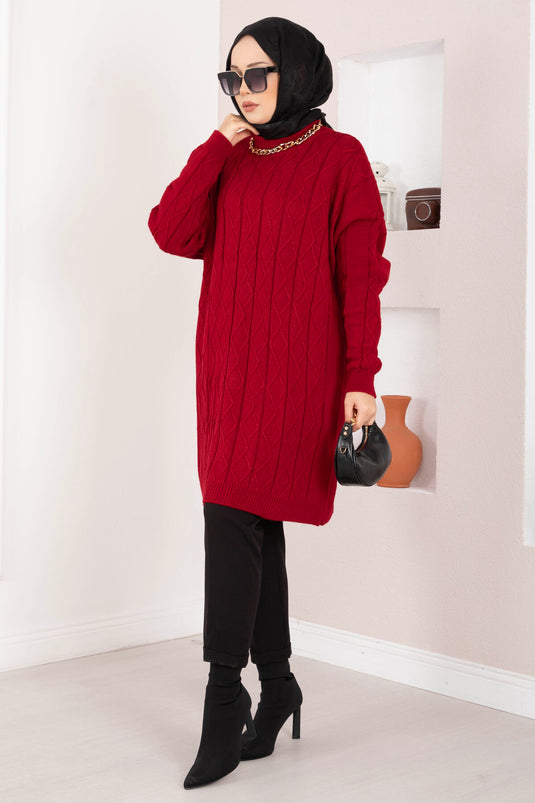Baklava Örgü Triko Tunik Kırmızı