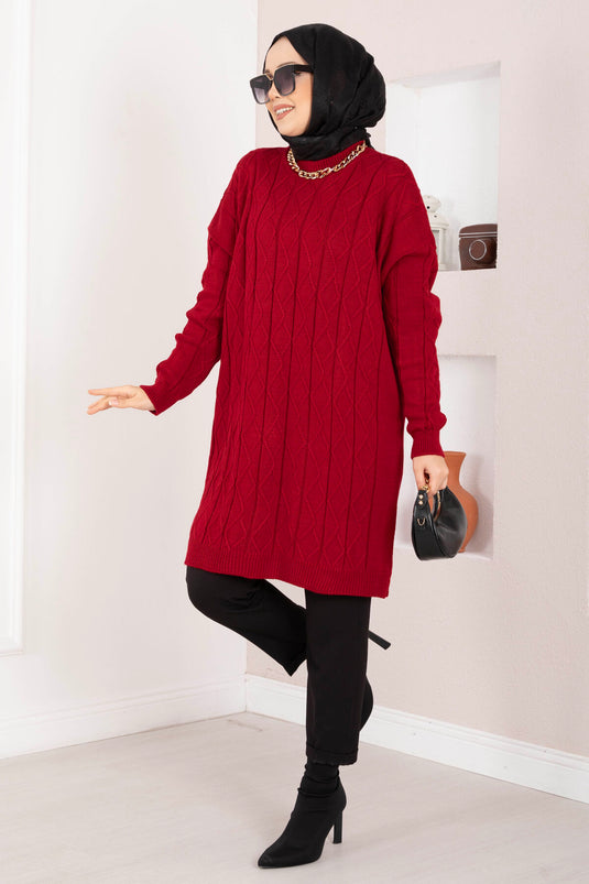 Baklava Örgü Triko Tunik Kırmızı