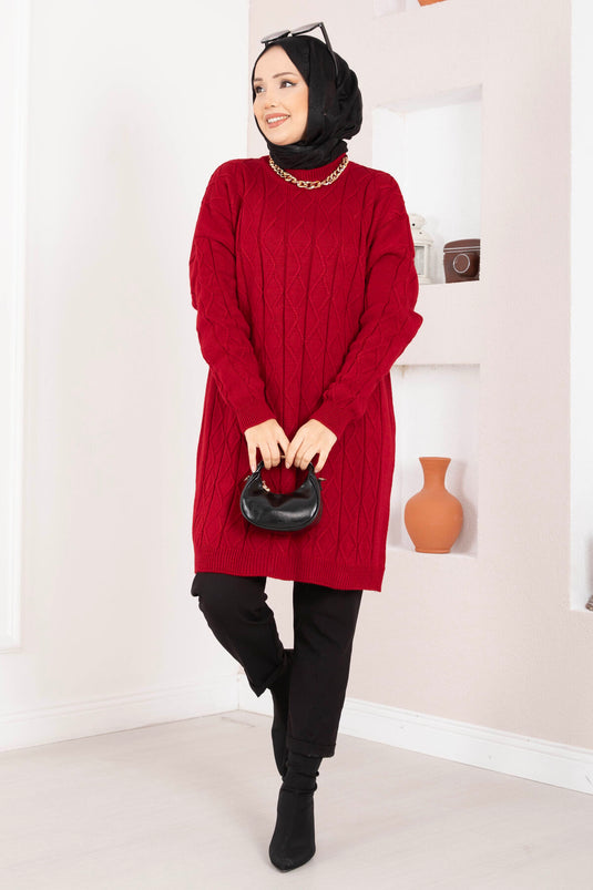 Baklava Örgü Triko Tunik Kırmızı