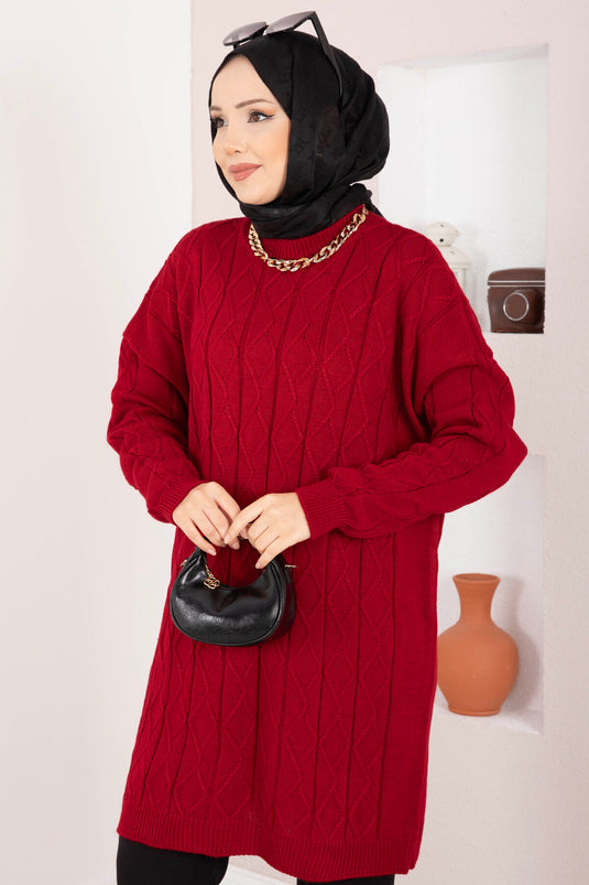 Baklava Örgü Triko Tunik Kırmızı