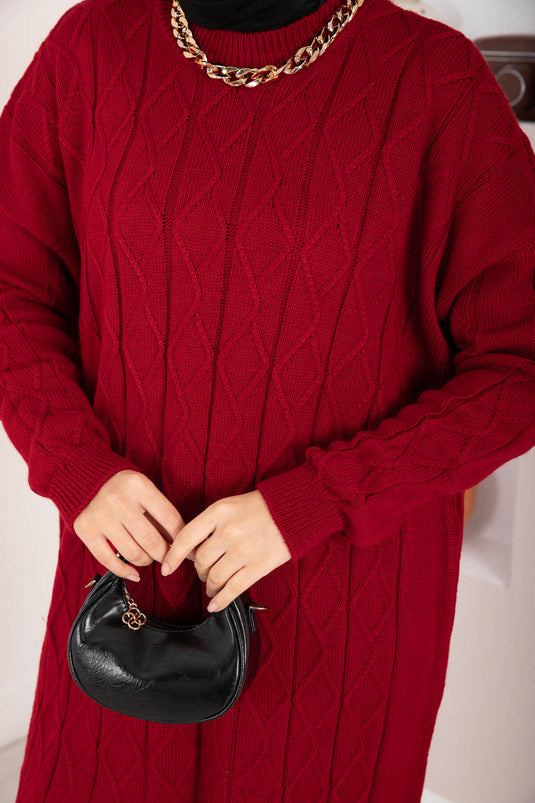 Baklava Örgü Triko Tunik Kırmızı