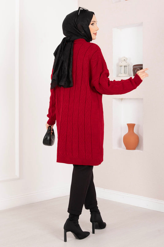 Baklava Örgü Triko Tunik Kırmızı