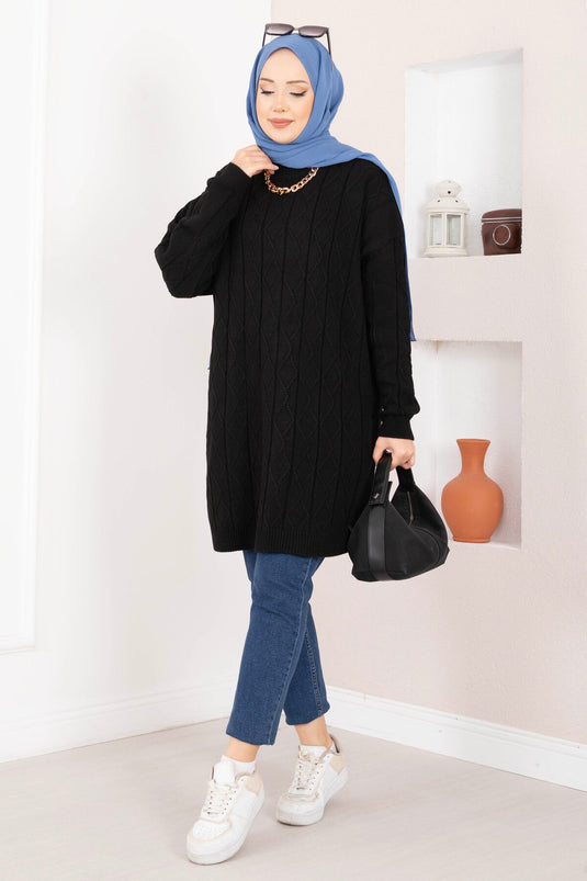 Baklava Örgü Triko Tunik Siyah