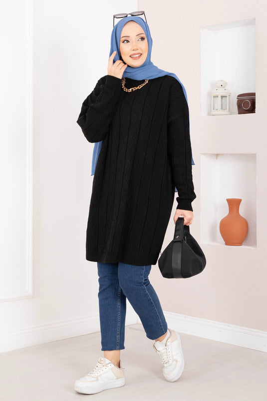 Baklava Örgü Triko Tunik Siyah