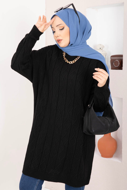 Baklava Örgü Triko Tunik Siyah