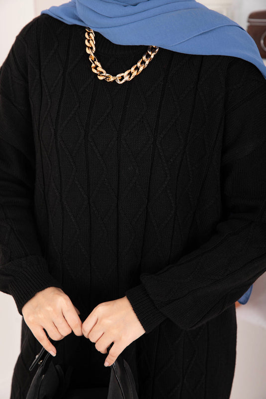 Baklava Örgü Triko Tunik Siyah