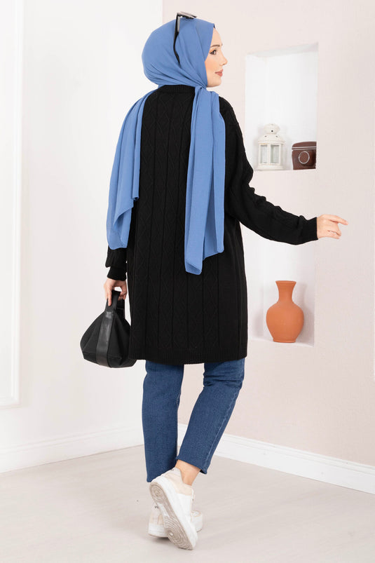 Baklava Örgü Triko Tunik Siyah