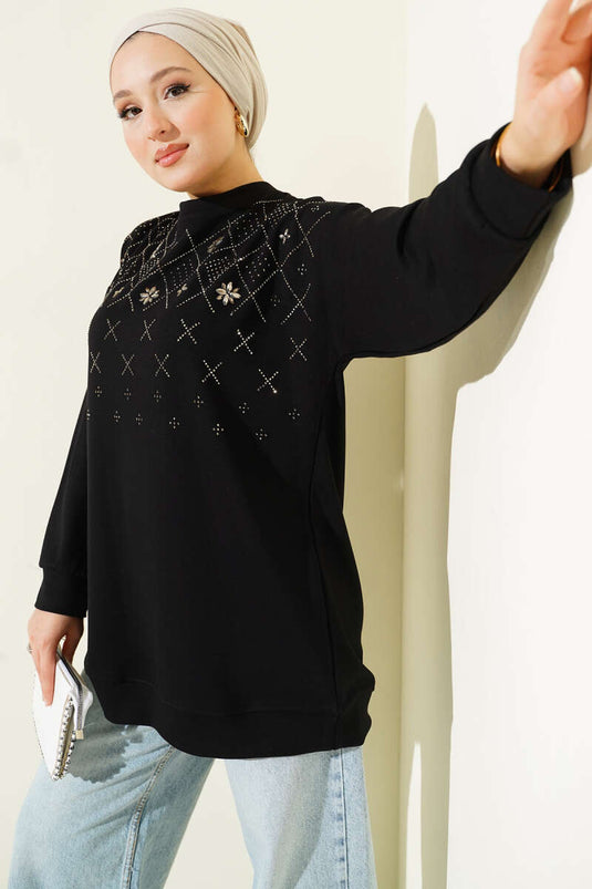 Baklava Taşlı Loyşa Tunik Siyah