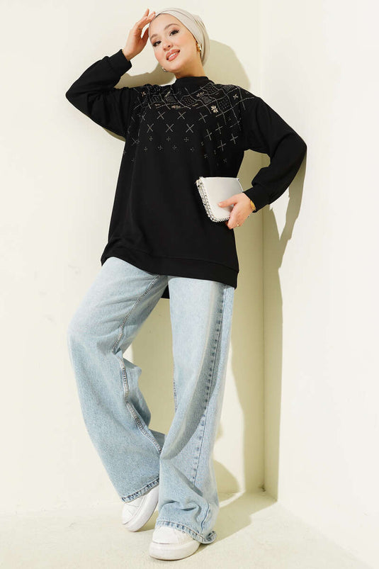 Baklava Taşlı Loyşa Tunik Siyah