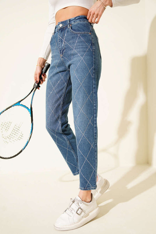 Jean Mom à pierres Baklava bleu