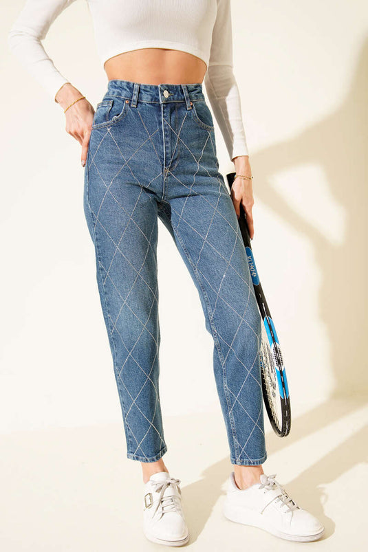 Jean Mom à pierres Baklava bleu