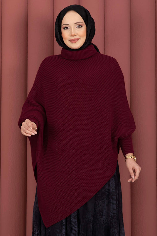 Balıkçı Yaka Asimetrik Triko Kazak Bordo