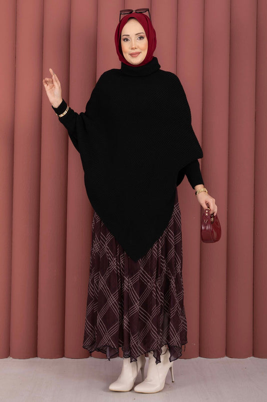 Balıkçı Yaka Asimetrik Triko Kazak Siyah