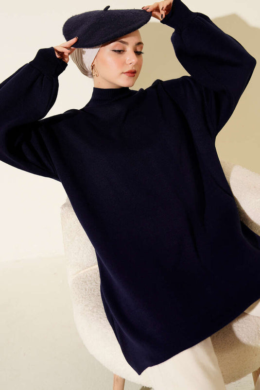 Turtleneck Balloon Sleeve Knitted Tunic Navy Blue