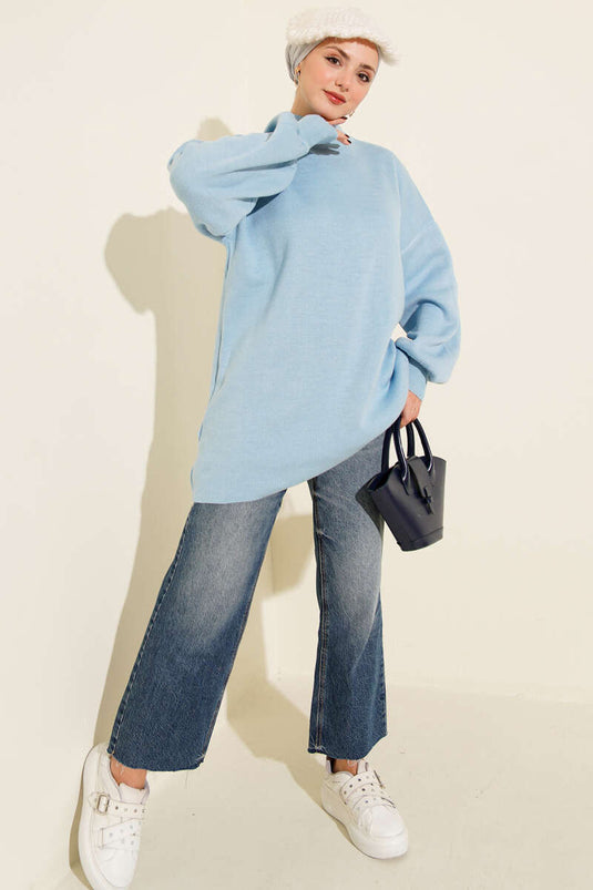 Balıkçı Yaka Balon Kol Triko Tunik Mavi