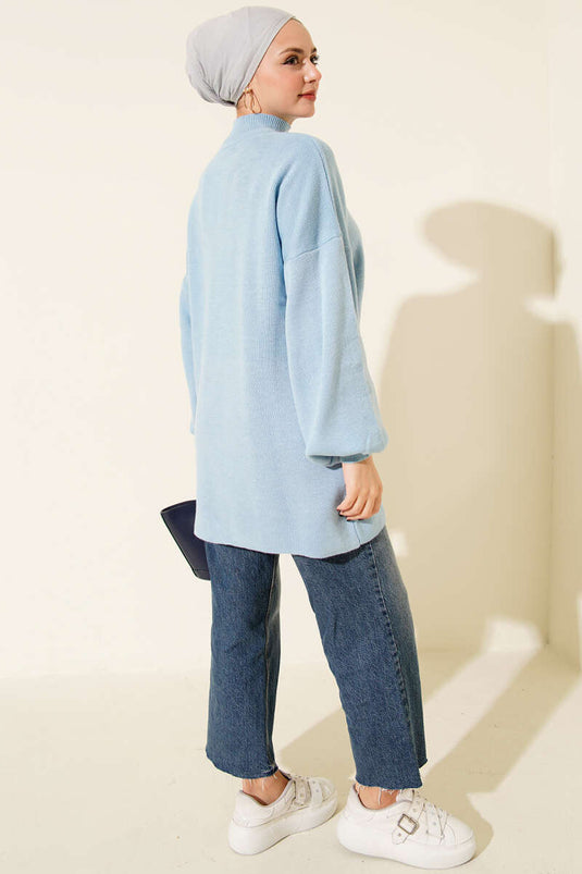 Balıkçı Yaka Balon Kol Triko Tunik Mavi