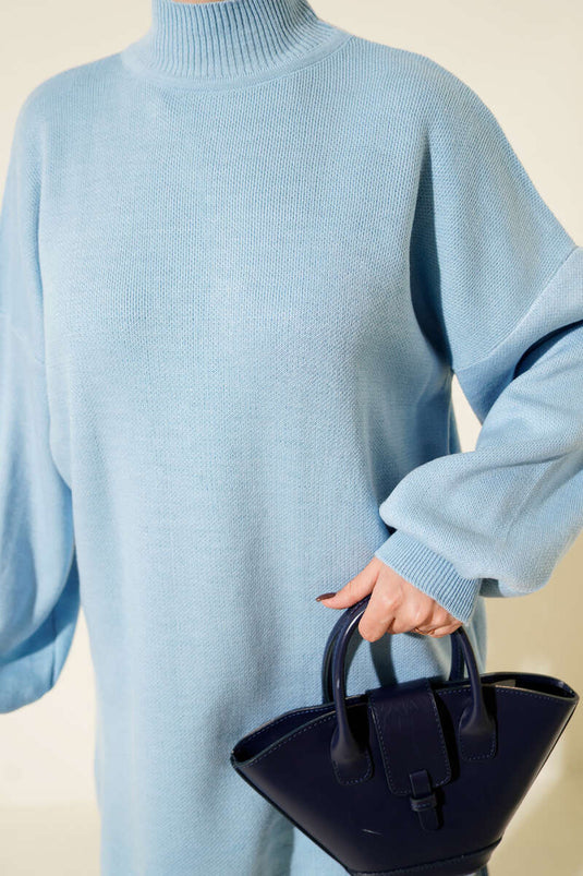 Balıkçı Yaka Balon Kol Triko Tunik Mavi