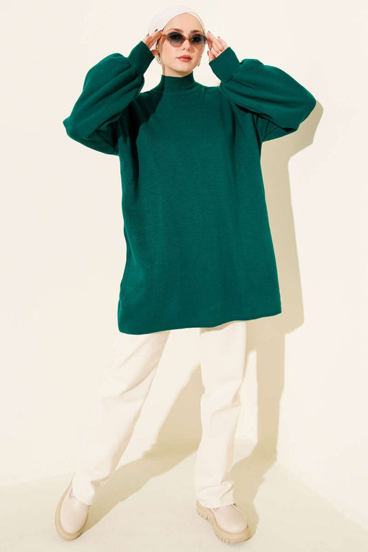 Tunique tricotée à col roulé et manches ballon, bleu marine