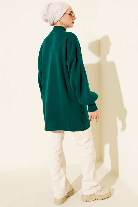 Tunique tricotée à col roulé et manches ballon, bleu marine