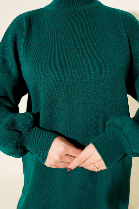 Turtleneck Balloon Sleeve Knitted Tunic, Navy Blue