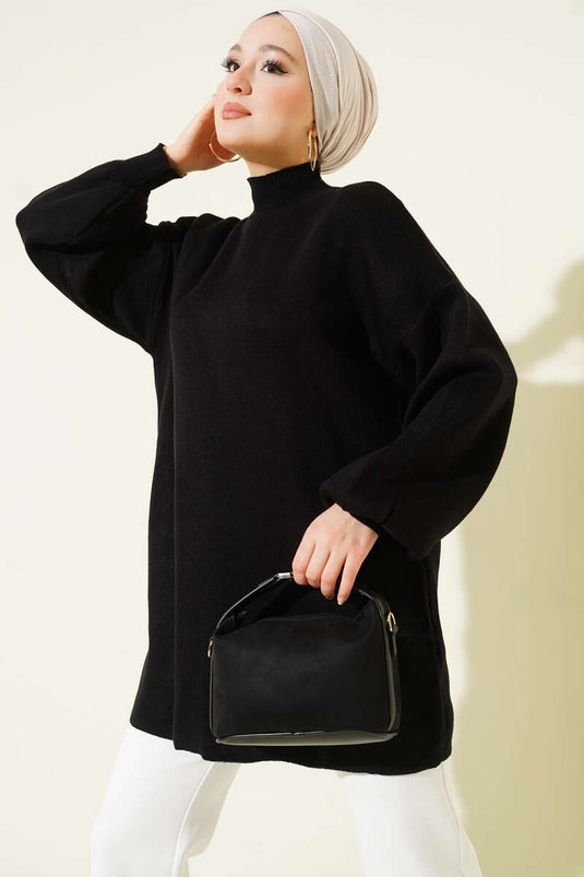 Black Turtleneck Balloon Sleeve Knitted Tunic