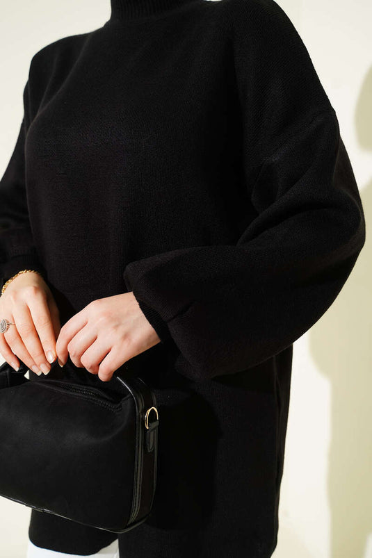 Black Turtleneck Balloon Sleeve Knitted Tunic