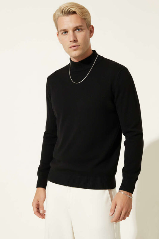 Schwarzer Herren-Rollkragenpullover, schlicht