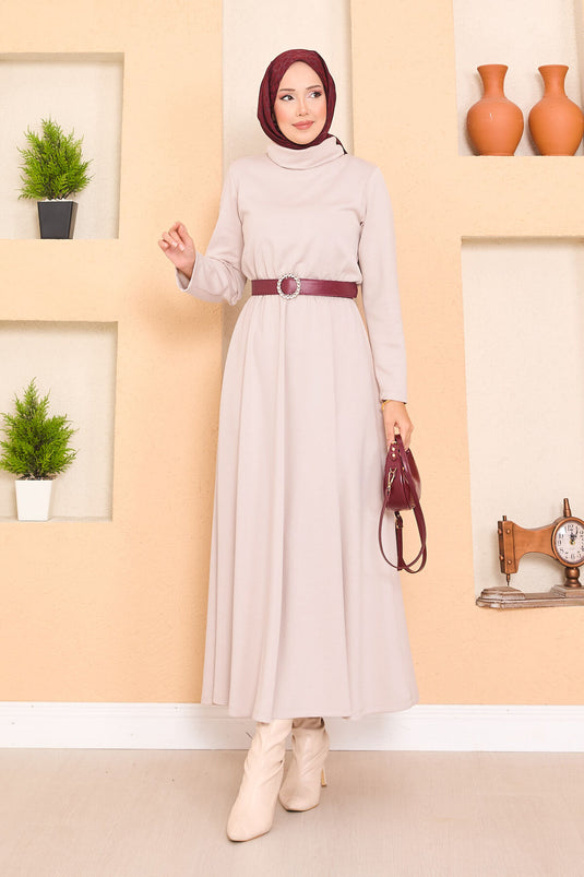 Turtleneck Pleated Waist Hijab Dress Beige