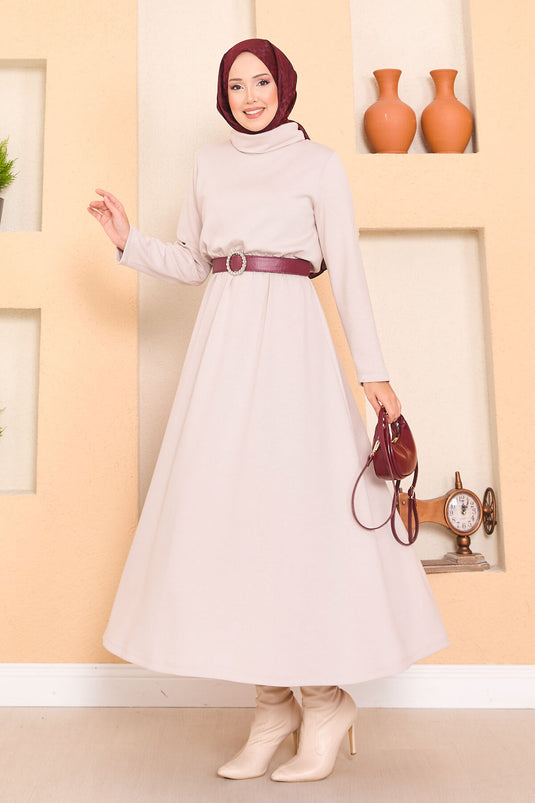 Turtleneck Pleated Waist Hijab Dress Beige