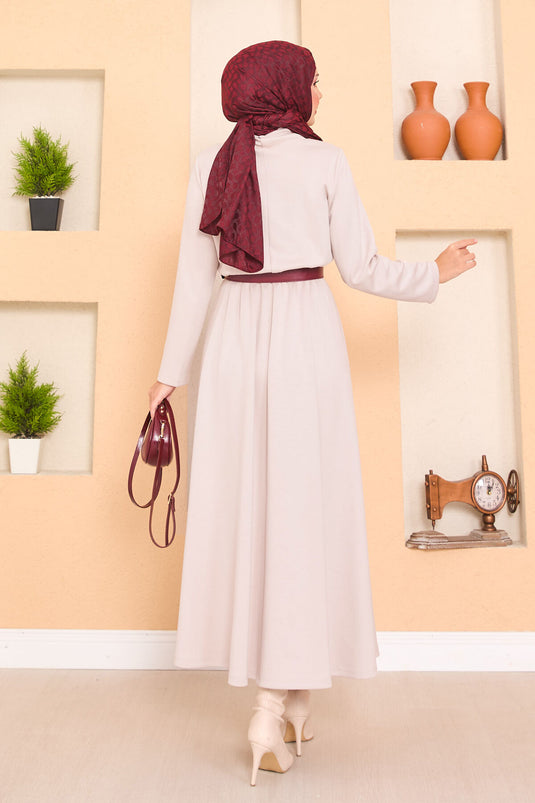 Turtleneck Pleated Waist Hijab Dress Beige