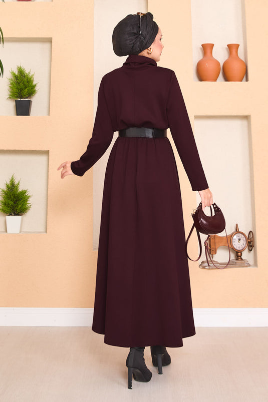 Balıkçı Yaka Beli Büzgülü Tesettür Elbise Bordo