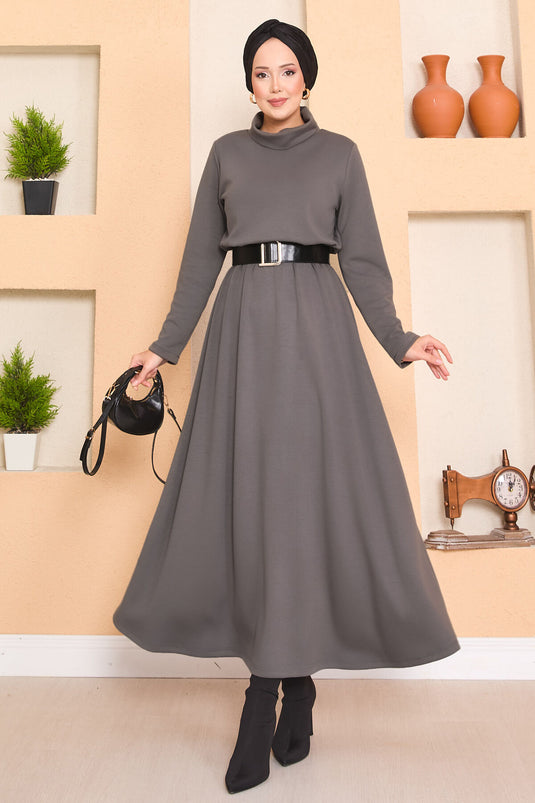 Turtleneck Pleated Waist Hijab Dress Gray