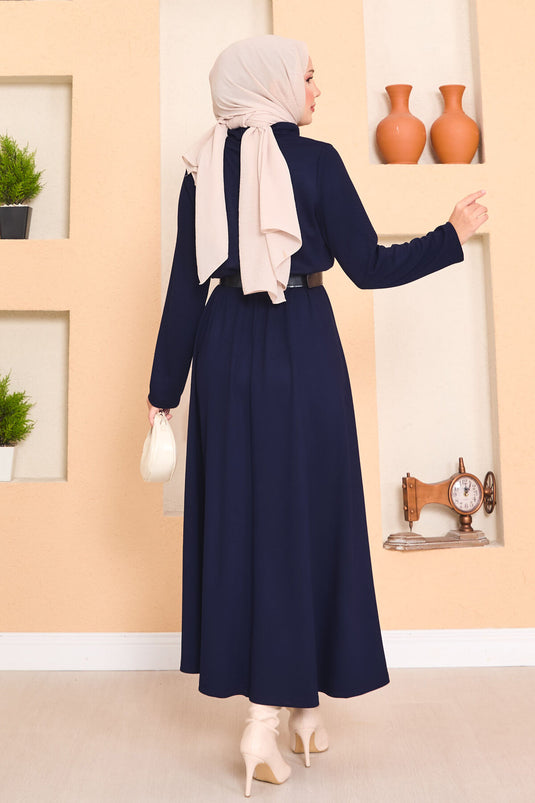 Turtleneck Pleated Waist Hijab Dress Navy Blue