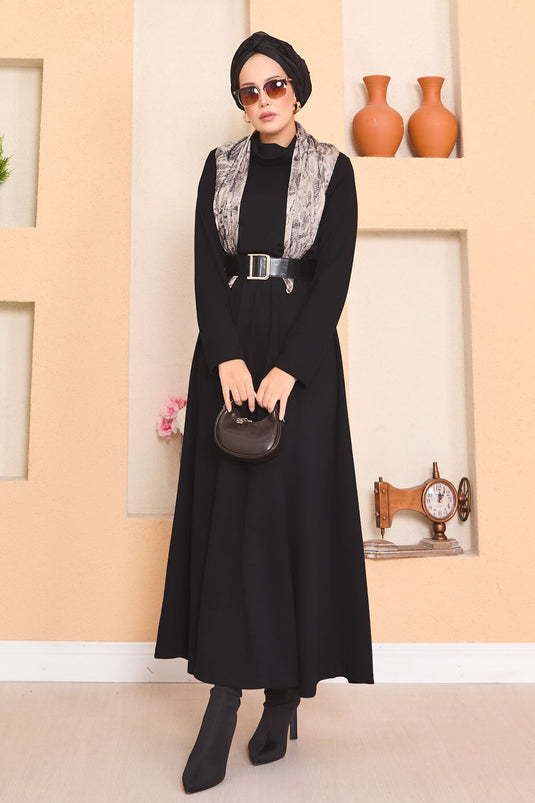 Turtleneck Pleated Waist Hijab Dress Black