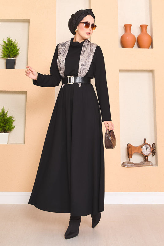 Turtleneck Pleated Waist Hijab Dress Black