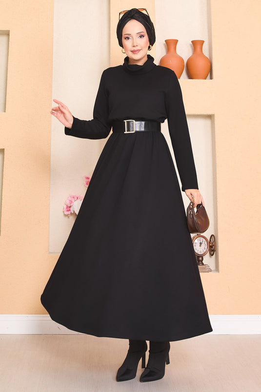 Turtleneck Pleated Waist Hijab Dress Black