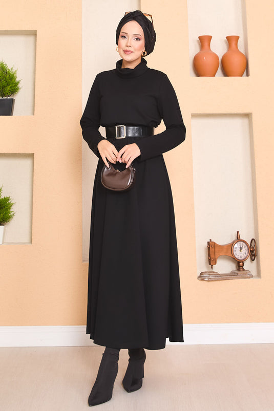 Turtleneck Pleated Waist Hijab Dress Black