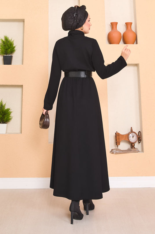 Turtleneck Pleated Waist Hijab Dress Black