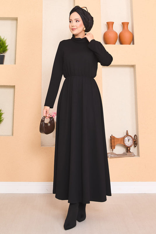 Turtleneck Pleated Waist Hijab Dress Black