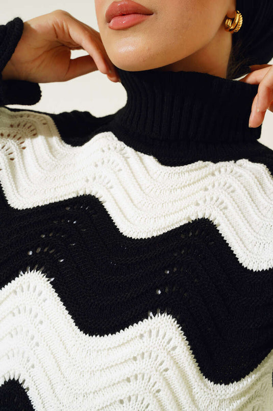 Rollkragenpullover mit Wellenmuster in Schwarz und Ecru