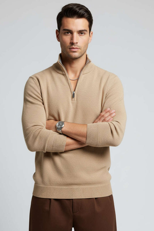 Gebreide coltrui met ritssluiting voor heren, camelkleurig