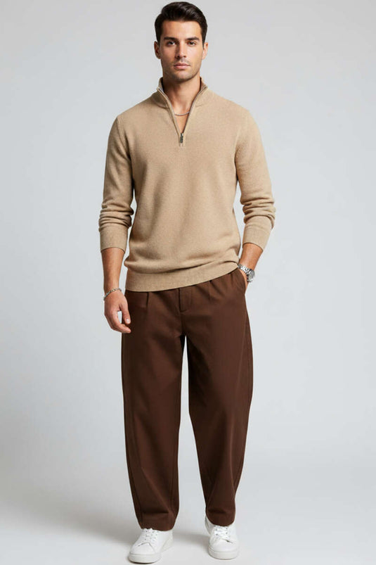 Gebreide coltrui met ritssluiting voor heren, camelkleurig