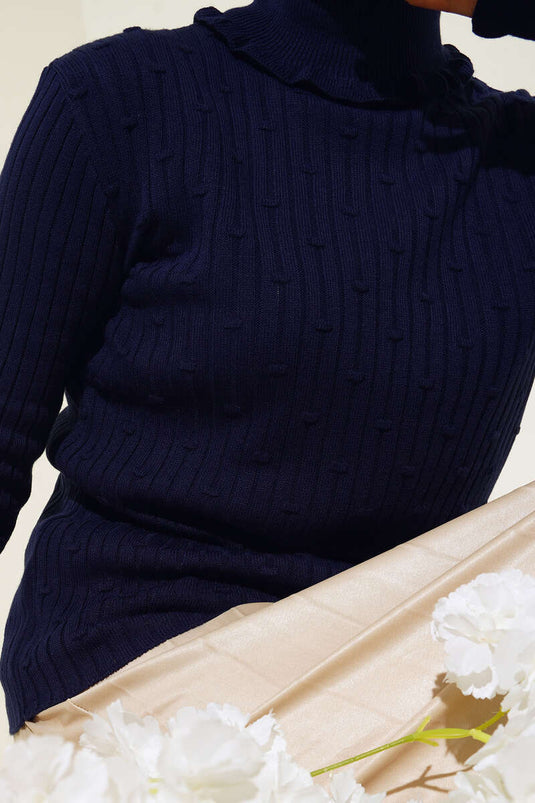 Navy Ruffled Fisherman Neck Knit Sweater