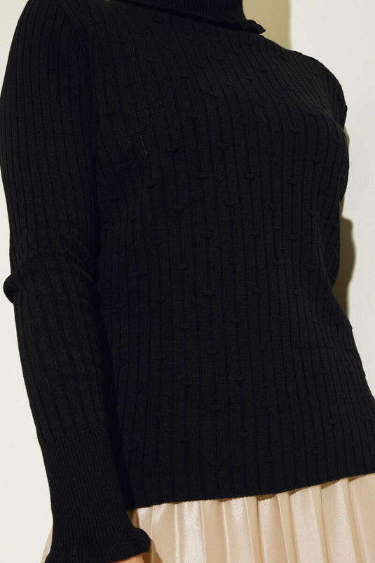 Rollkragen-Rüschen-Strickpullover Schwarz