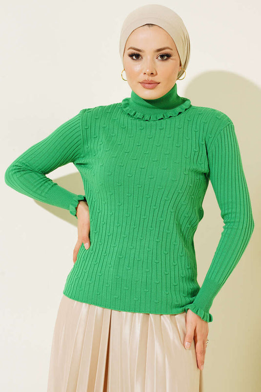 Maglione a collo alto con volant in maglieria Verde