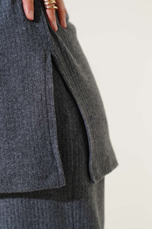 Turtleneck Ribbed Belted Two Piece Suit Smoke