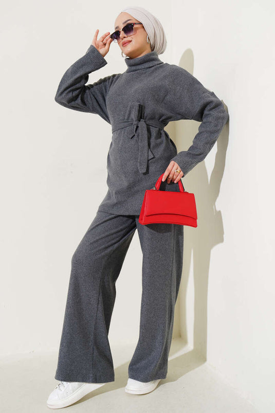 Turtleneck Ribbed Belted Two Piece Suit Smoke