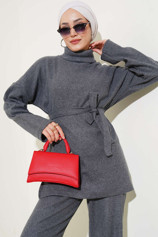 Turtleneck Ribbed Belted Two Piece Suit Smoke