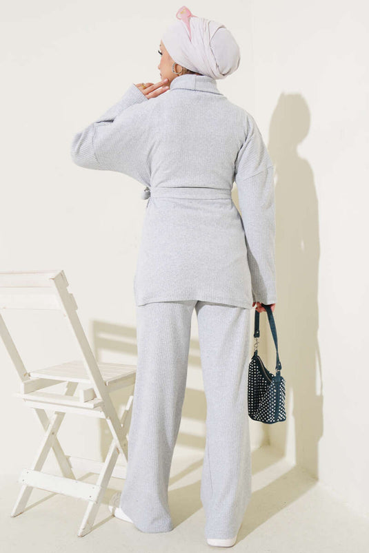 Turtleneck Ribbed Belted Two Piece Suit Gray