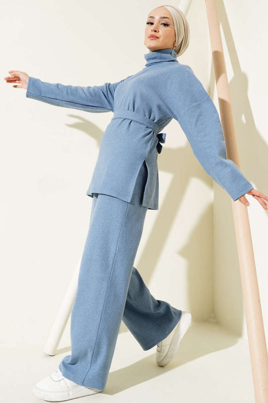 Abito doppio collo alto con cintura a coste Blu